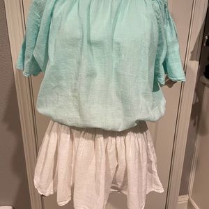 Linen/cotton swimsuit cover up. Aqua blue/white